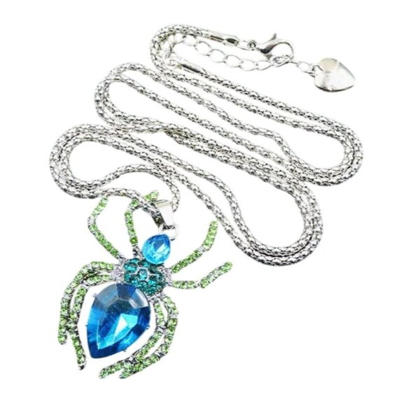 Betsey Johnson Necklace Blue & Green Crystal Spider Pendant Silver Tone - Picture 1 of 2